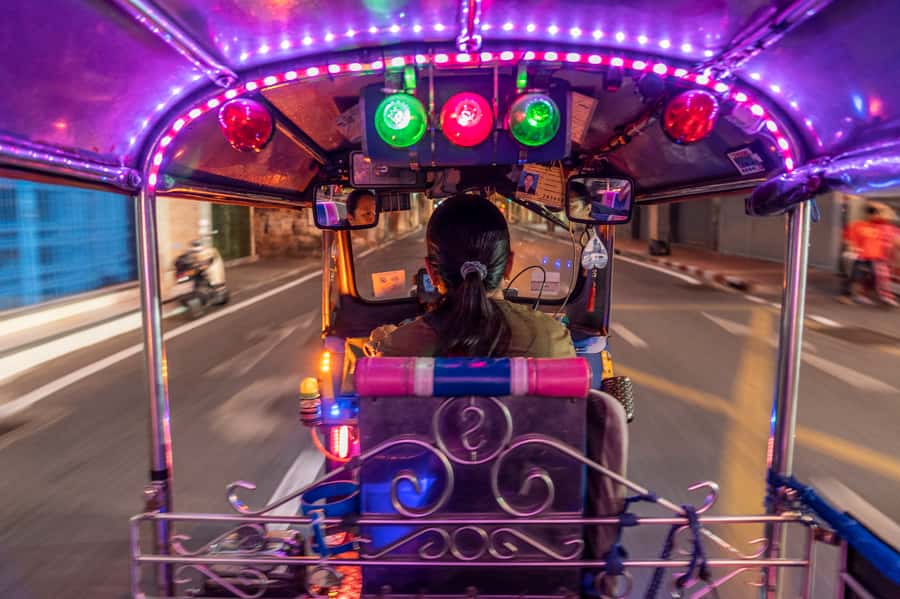 Bangkok Street Food and Night Lights by Tuk Tuk - Grand Palace lights and the river at Tha Tien